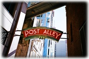 Seattle's famous Post Alley runs right through the Harbor Steps towers